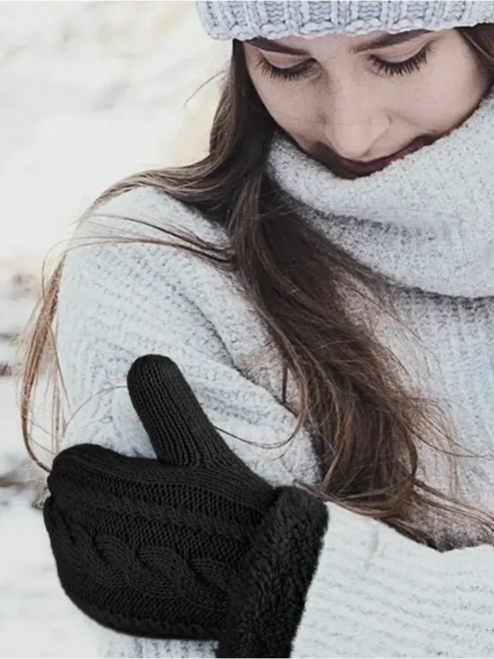 Loritta 2Pcs Winter Knit Gloves/Mittens with Cozy Thick Lining Black/Beige NWT